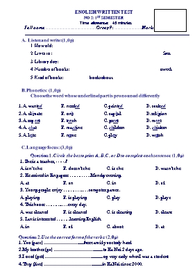 Đề kiểm tra số 2 học kỳ I môn Tiếng Anh Lớp 9 (Có đáp án)